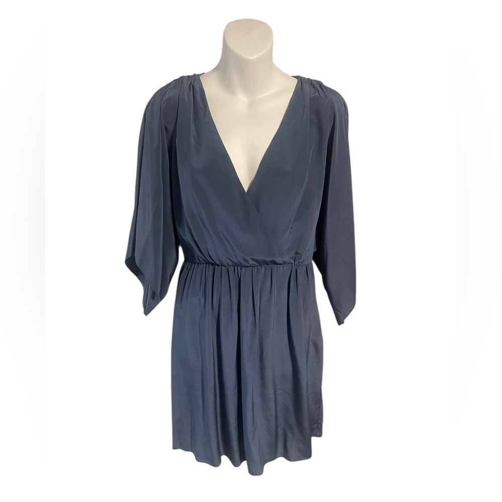 Boston Proper 100% Silk Blue Bell Sleeve VNeck Dress Size 4 Boho-Chic Luxury